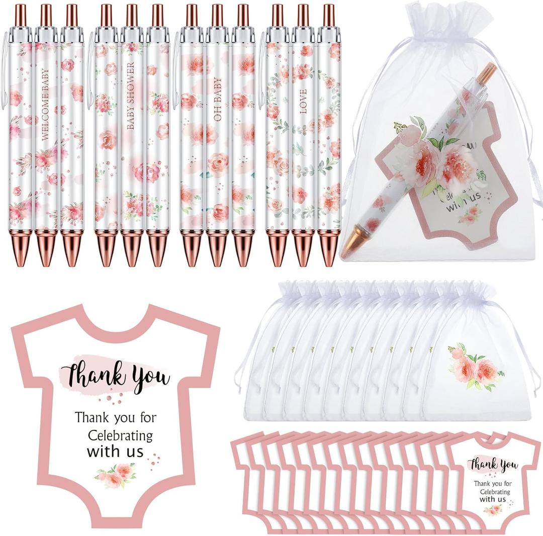 Chuangdi 50 Sets Baby Shower Favors Gifts for Guests Includes 50 Pcs Ballpoint Pens, Thank You Cards and Organza Bags(Flower)