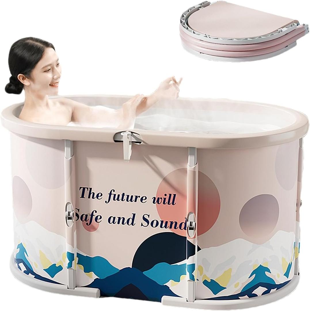 Genrenyen Ice Bath Tub No Installation 47" Oval Portable Bathtub for Shower Stall, Foldable Hot Cold Plunge Tub for Adults, Folding Large Baths at Home Outdoor Indoor (Blue, 47.2"x22.8"x20.8")