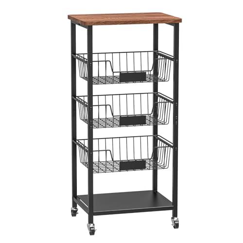 Hastatii Kitchen Storage Cart, Kitchen Basket, 5-Tier Utility Organizer with Baskets and Wood Top, Rolling Snack Cart with Wheels, Metal Black