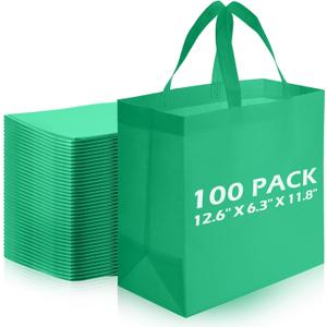 Reginary 100 PCS Reusable Totes Bag Set Non Woven Grocery Bag with Handles Fabric Portable Tote Bag Bulk for Shopping Merchandise Events Parties Boutiques Retail Stores (Green)