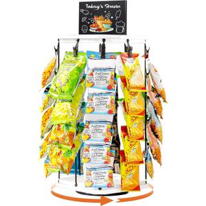 Pinzoveco Chip Rack Display Stand, 5 Tiers 40 Clips Snack Organizer for Office Desk, 360 Rotating Wooden Base Chip Holder Candy Display for Concession Stand, Countertop, Party, With Message Board (White)