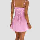 ISZPLUSH Women's Sexy Ruched Lace-Up Cami Dress Double Layer Adjustable Straps Slim Fit Bodycon Mini Dress Party Club (Pink)