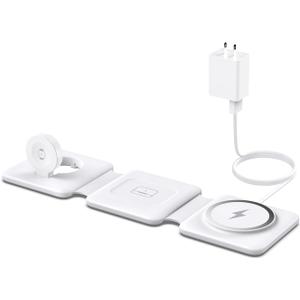 Charging Station for Apple Multiple Devices - 3 in 1 Foldable Magnetic Wireless Charger Dock - Travel Charging Pad for iPhone 16 15 14 13 12 Pro Max Plus Watch & Airpods (White)