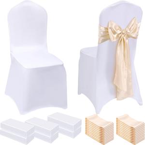 Mepase 100 Pcs White Chair Covers Set with 50 Stretch Spandex Chair Covers 50 Chairs Sashes Bows Universal Fitted Cover Removable Washable for Wedding Party Dining Banquet(White, Champagne Gold)