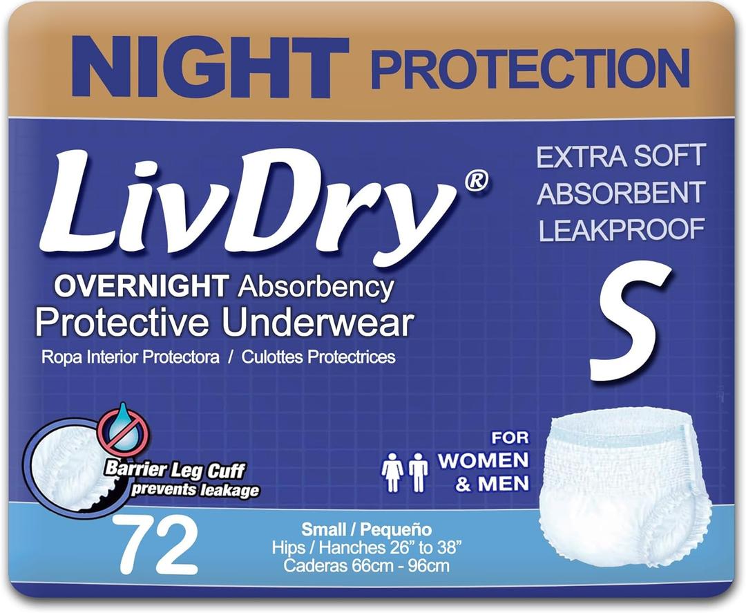 LivDry Adult S Incontinence Underwear, Overnight Comfort Absorbency, Leak Protection, Small, 72-Pack (Small (72 Count))