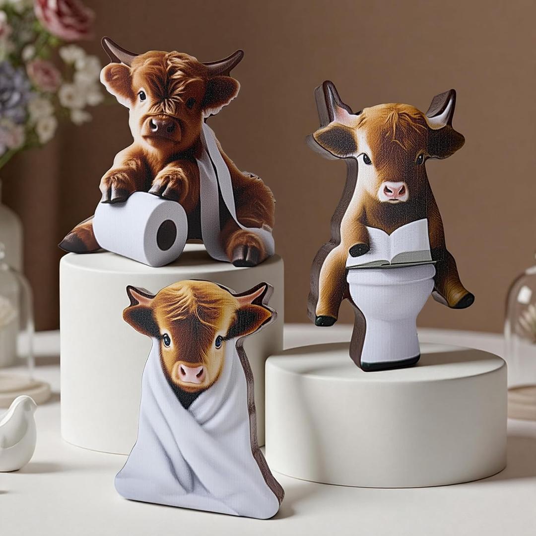 3 Pcs Highland Cow Funny Bathroom Decor Farmhouse Highland Cow Bath Decoration Rustic Western Cattle Table Wooden Signs for Restroom Bathroom Toilet Half Bath Shelf Counter Dcor