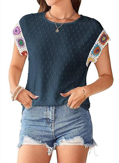 Falechay Womens Summer Tops 2025 Boho Tops for Women Color Crew Neck Short Sleeve Casual Blouse, Size: XXL