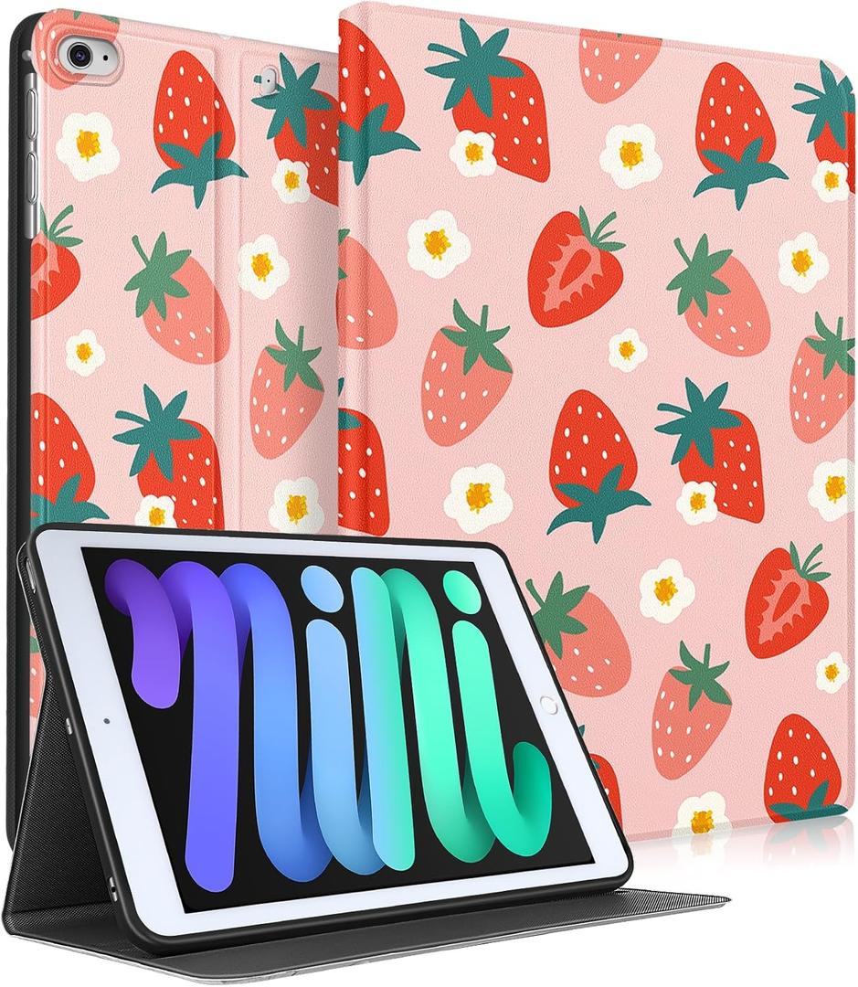 for iPad mini 5th 2019/Mini 4th 2016 Case - Smart Folio Cover (Auto Wake/Sleep) with Build-in Pencil Holder for Apple Tablet Soft PU Leather Cover for Women Girls,Strawberries