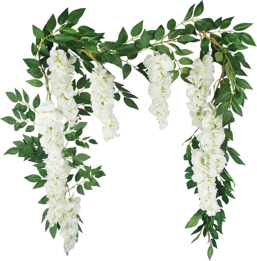 Wisteria Garland Artificial Flowers Floral Vines White 6.56 ft Silk Fake Wisteria Flowers Garlands Hanging Flower for House Outdoor Garden Ceremony Outside Wedding Arch Floral Decor