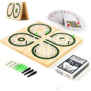 2 x Cribbage Board Game Set, Unique Square 3-Track Cribbage Board Foldable with Card Storage & Magnetic Closure, 9 Multi-Colored Pegs, Playing Cards, Family Travel Board Game for Gatherings & Gifts