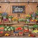 12x8ft Fabric Farmers Market Backdrop Fresh Vegetables Flowers Wooden Barn Spring Photography Background Baby Shower Birthday Party Decorations Photo Banner Props