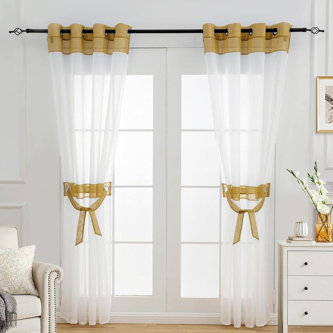 L.Z.E White and Gold Sheer Curtains 90 Inches Long, Elegant Curtains with Design, Light Filtering Window Treatment for Living Room Bedroom Dining Room Nursery, Grommet Drapes, 2 Panels Set