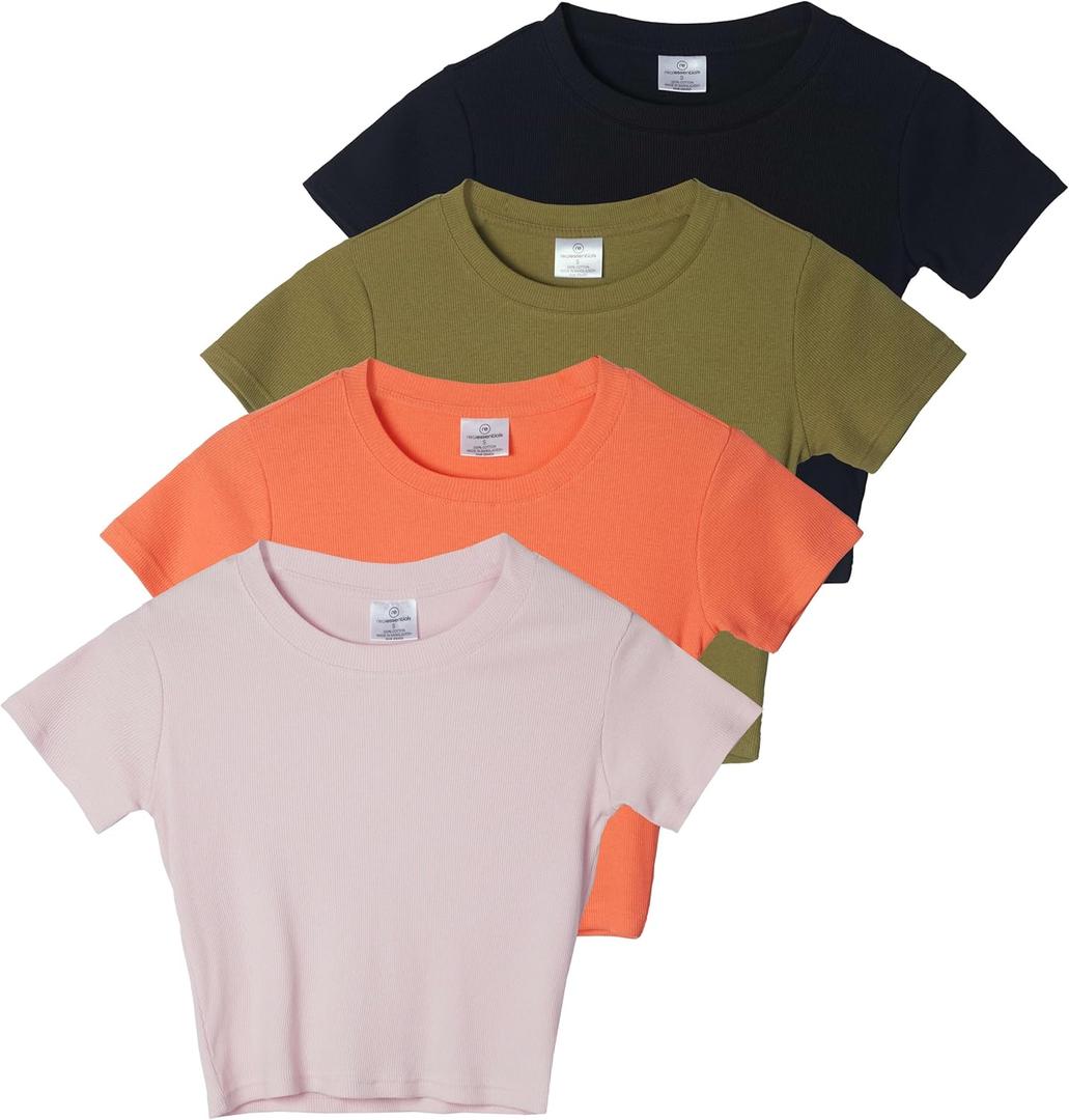 Real Essentials 4-Pack: Women's Short Sleeve Ribbed Knit Cotton Crew Neck Crop Top T-Shirt, (Medium)