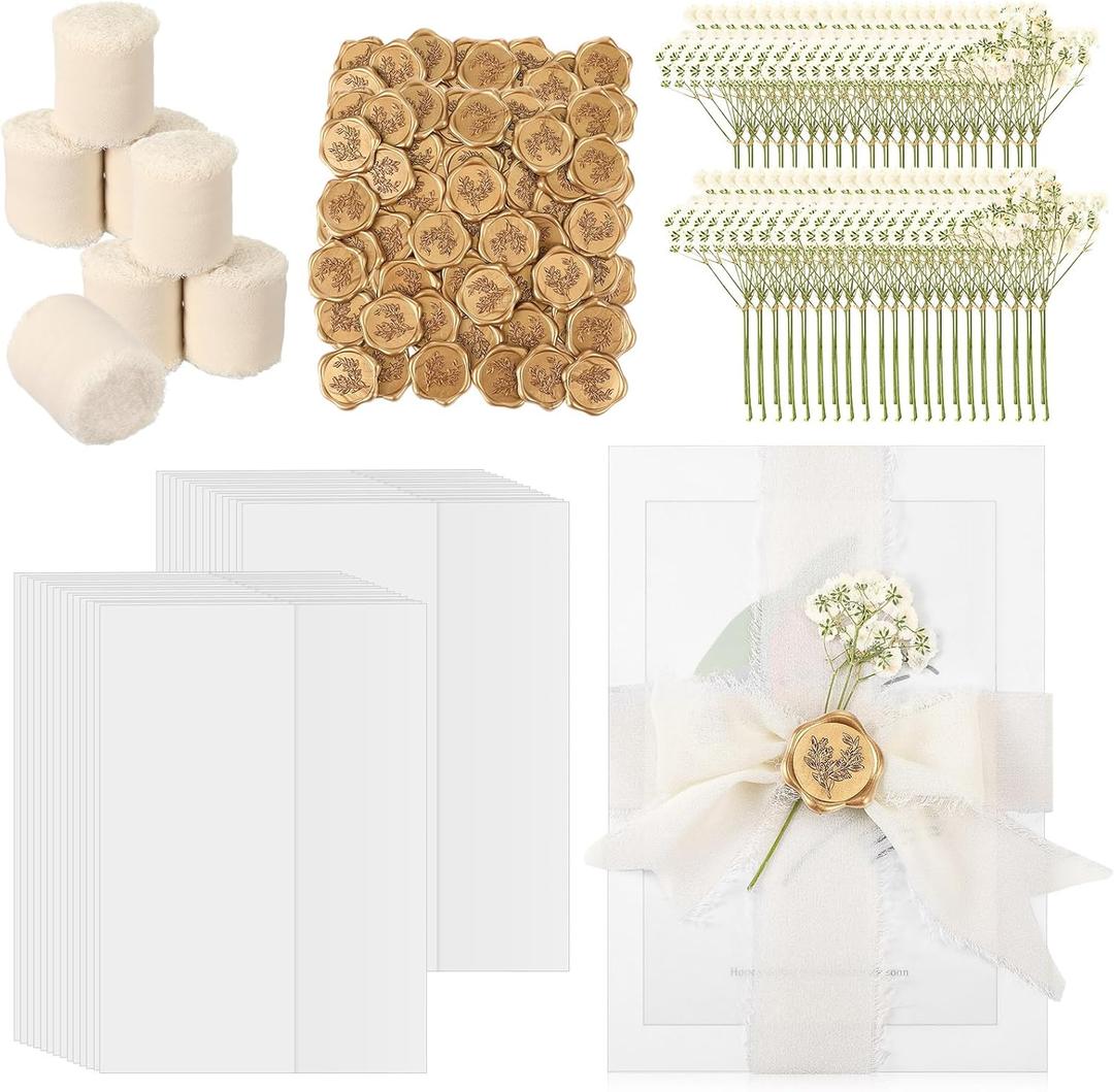 Fuyoooo 30 Set Wedding Invitations Wraps Set Pre Folded Vellum Jackets for 5 x 7 Invitations Self Adhesive Gold Wax Seal Stickers Dried Baby's Breath Flowers Chiffon Silk Ribbon for Craft DIY