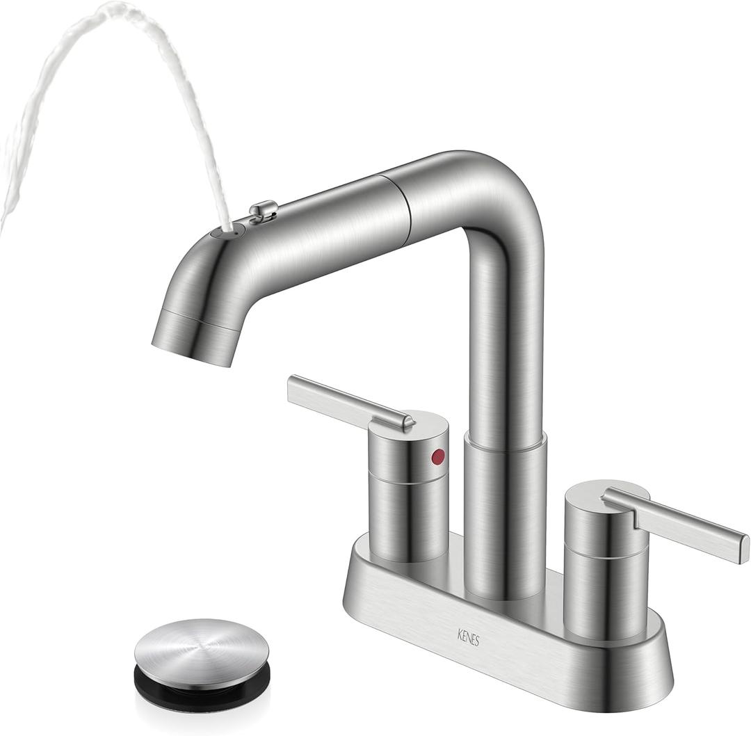 KENES Pull Down Bathroom Faucet with Sprayer, Brushed Nickel 4 Inch 2 Handle Centerset Bathroom Faucets 3 Hole with Pull Out Sprayer, Vanity Faucet with Pop Up Drain & Supply Lines LJ-9059A