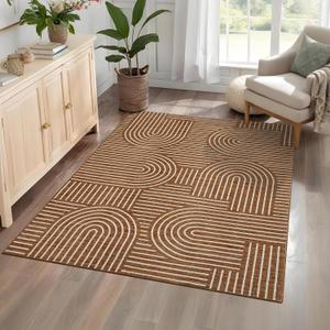 Washable Rug 5x7 Area Rugs for Living Room, Abstract Rug for Bedroom, Soft Rainbow Non Slip Throw Rugs with Rubber Back, Low Pile Stain Resistant Boho Geometric Carpet for Dining Room, Copper