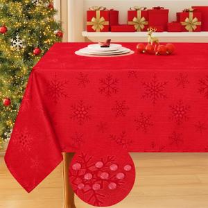 Smiry Rectangle Tablecloth 60x84 Inch, Waterproof Damask Table Cloth, Snowflake Patterns Fabric Table Covers for Parties, and Holiday Dinner, Red