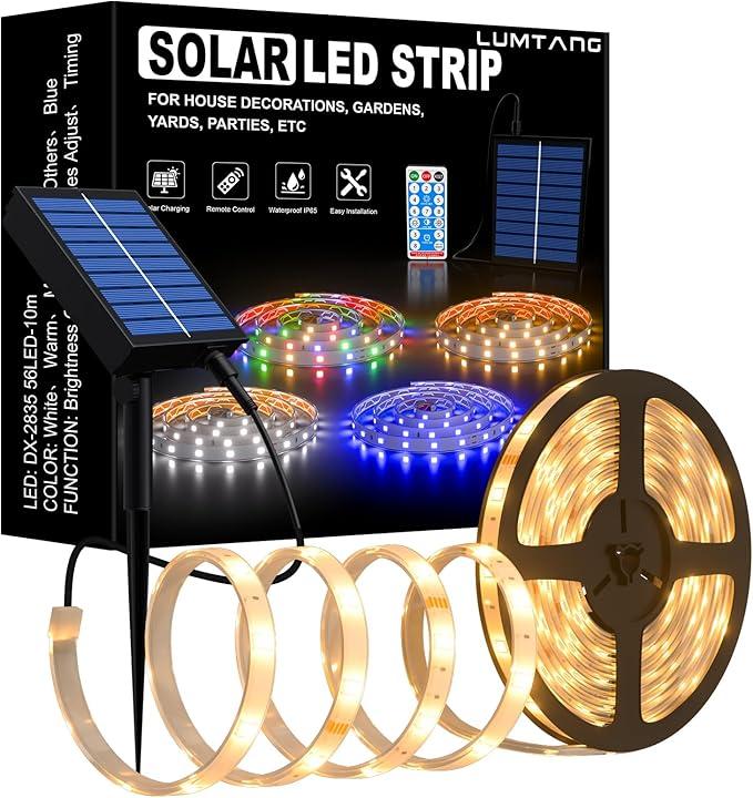 Solar LED Strip, 32.8ft/10M Solar Powered, USB Cable for Rechargeable use，String Lights for Festive Decoration，Suitable for Outdoor Scenes Such as Gardens and Swimming Pools (10M, Warm White)