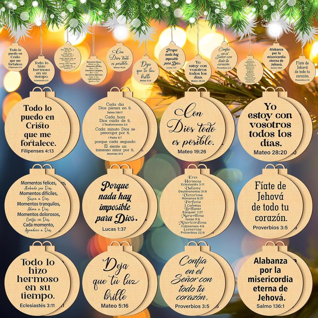24 Pcs Spanish Christian Ornaments Religious Wooden Hanging Christian for Christmas Tree Nativity Scene for Pastor Church Members Church Baptism Decor
