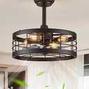 LEDIARY 16.5 inch Black Caged Ceiling Fan with Light, Fandelier Industrial Ceiling Fan with Remote, Farmhouse Fan Lights Ceiling Fixtures for Kitchen, Bedroom, Outdoor（6 Speed, Timing）-Black