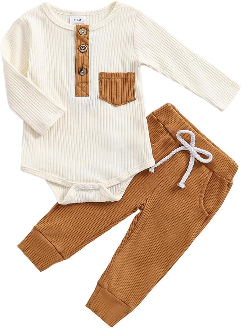fhutpw Baby Boy Clothes Ribbed Knitted Long Sleeve Romper and Pants Sets Newborn Fall Splicing Color Outfits (White&khaki) 3-6 months