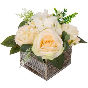DILATATA Flower Arrangement with Wooden Vase 8" Artificial Flowers in Pot - Fake Flowers Roses Peonies Hydrangeas in Wooden Vase Potted Flower Centerpieces for Table Decor - Pale Yellow