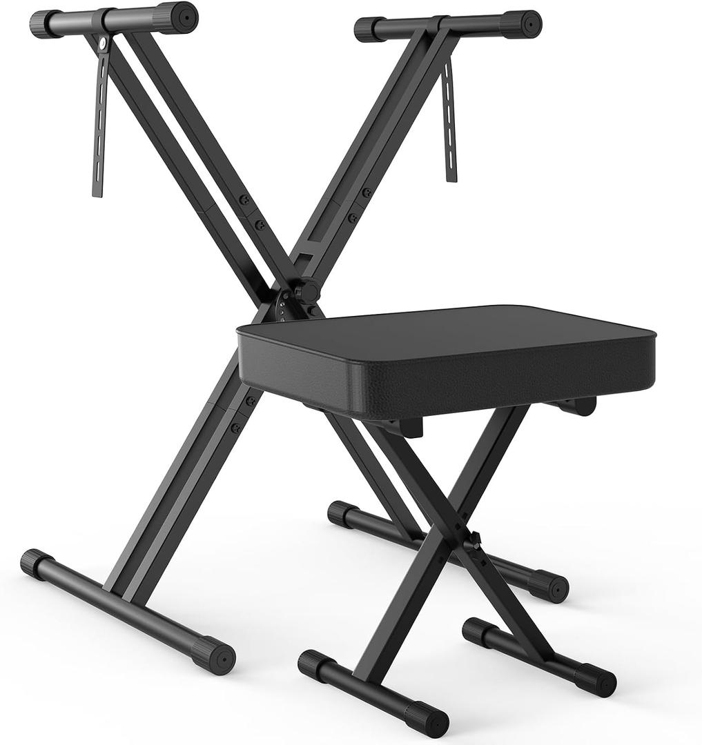 GLEAM Keyboard Stand and Bench Set, Double X Style Digital Piano Stand Height from 19" to 38", Heavy Density Foam Padded Stool from 14" to 18" Black