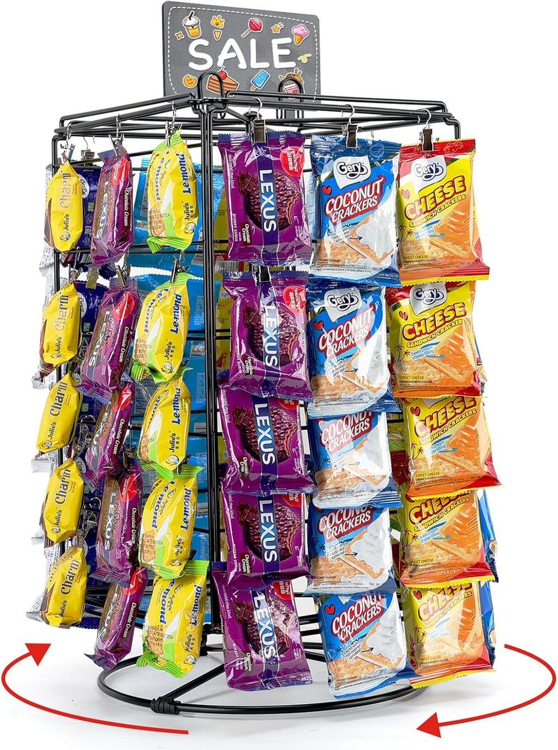 Chip Rack Display Stand, 5 Tiers 60 Clips Snack Retail Display Rack, 360 Rotation Snack Bar Station for Concession Stand, Snack Organizer, Candy Display, Chip Holder for Party, Countertop (without basket)