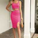 Pink Queen Women's Spaghetti Strap Cutout Side Slit Ribbed Knee Length Bodycon Midi Dress Club Party Dresses for Women (Pink, M)