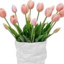 15 Pcs Fall Pink Artificial Tulips Fake Flowers, Premium Latex Lifelike Texture, UV Resistant Waterproof Faux Tulip Bouquets with Snap-on Petals for Outdoor, Home, Wedding Decor
