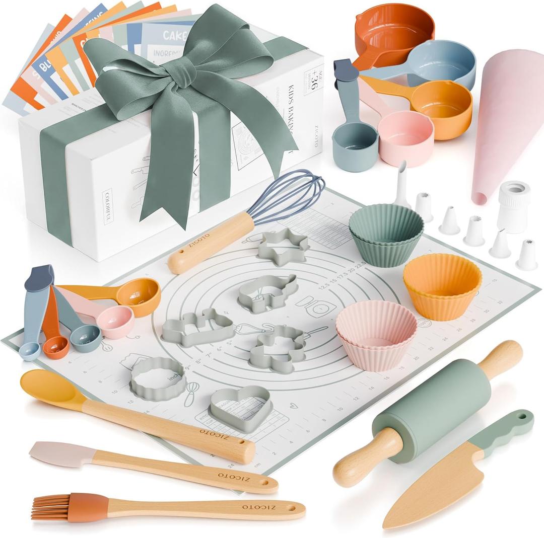 Wooden Baking Set for Kids - A Complete Set of Real Kitchen Utensils Gives Toddlers a Fun Cooking Experience - Durable Safe to Use Tools are Perfect for Gifting to Create Lasting Family Memories (Colorful)