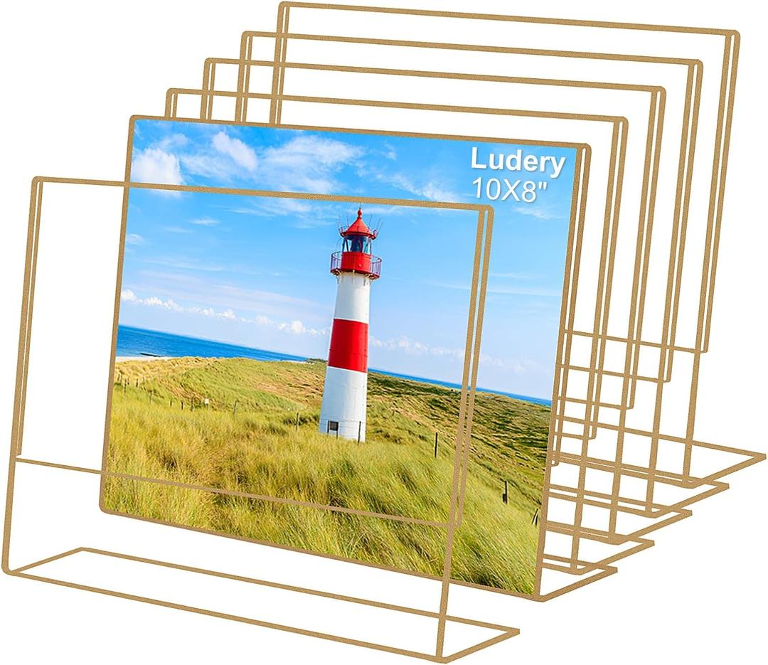 8x10 Gold Picture Frames, Clear Frameless Horizontal Picture Frames, 6 Pack Acrylic Self Standing Photo Frames for Wedding Table Numbers, Restaurant Signs, Photos and Art Display