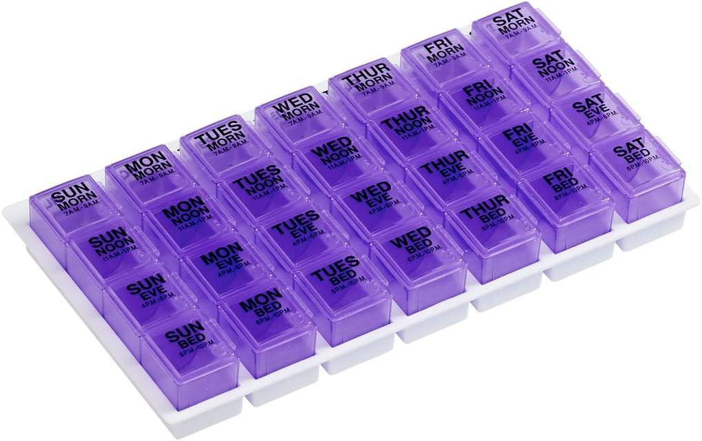 Ezy Dose Weekly (7-Day) Pill Organizer, Vitamin and Medicine Box, Large Pop-Out Compartments, 4 Times a Day, Purple