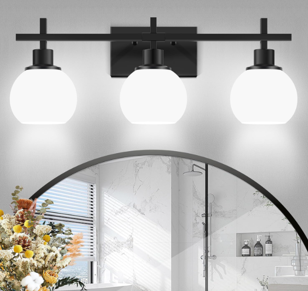 Dpyrrhic Modern Vanity Lighting Fixtures,3Light Black Bathroom Lighting Fixtures Over Mirror，Bathroom Wall Mounted Vanity Light with Milky White Glass Lampshade for Living Room，Bedroom，Hallway