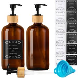 16oz/480ml Amber Glass Soap Dispenser Set, 2 Pack Dish Hand Soap Dispenser for Kitchen Bathroom, Clear Liquid Soap Bottle Dispenser with Bamboo Pump, Waterproof Labels, Funnel