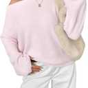 Verdusa Women's Cozy Off The Shoulder Sweater Fuzzy Knit Pullover Tops Fall Outfits (Pink, Small)