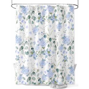 Shower Curtain Bathroom Set Summer Watercolor Blue Hydrangea Waterproof Fabric Shower Curtains with Grommets&Hooks Pastoral Eucalyptus Leaf Privacy Bath Curtain for Bathtub Decor 36x72IN (White)
