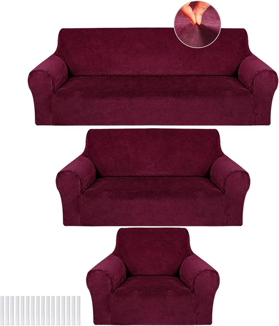 Peryiter 3 Pcs Slipcover Set for Couch Furniture Covers for Sofa Loveseat Couch Arm Chair, Form Fit Stretch, Wrinkle Free, Furniture Protector(Burgundy, Velvet)