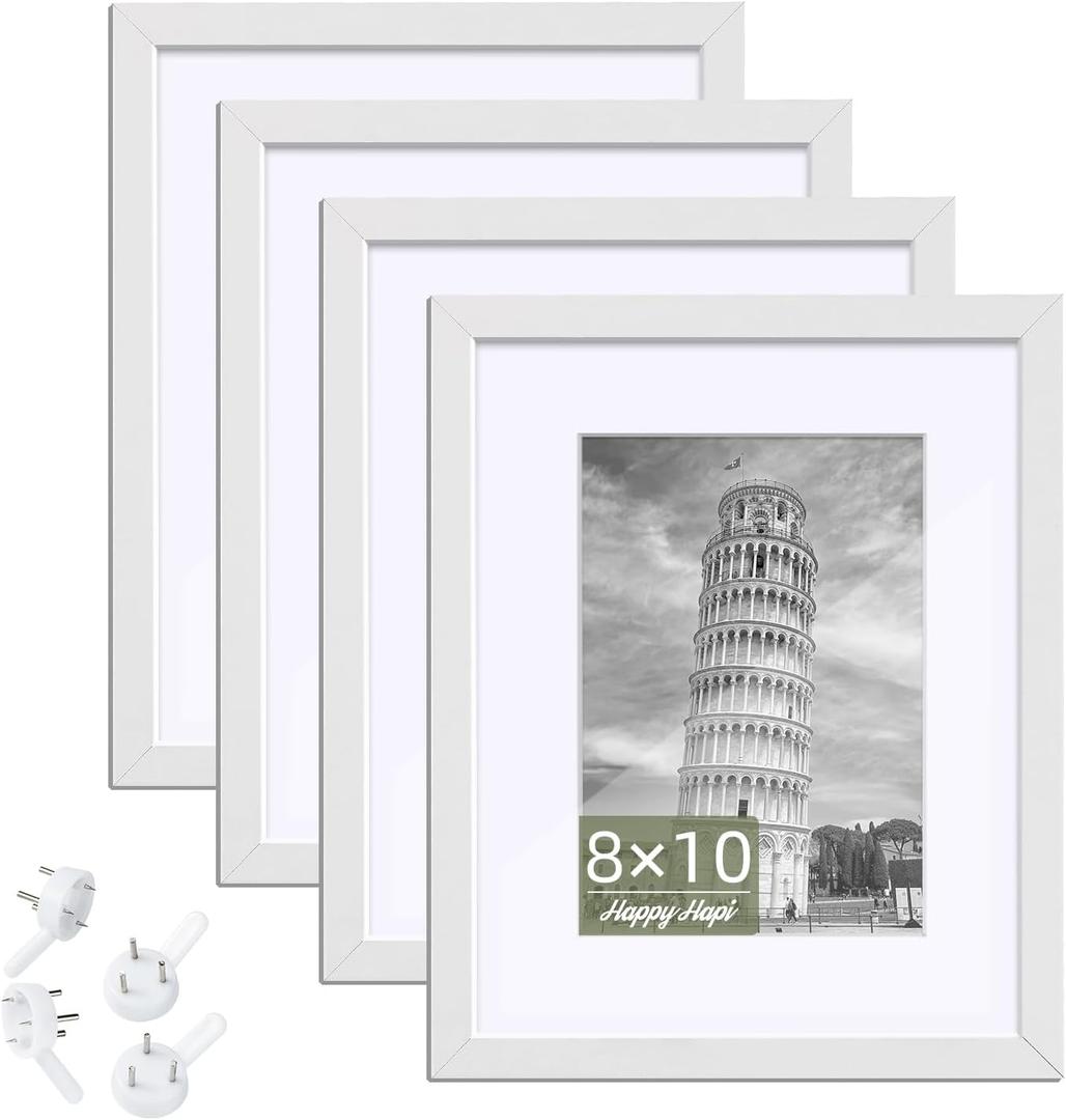 HappyHapi 8x10 Picture Frame, Pack of 4 Photo Frame Display Pictures 5x7 with Mat or 8x10 Without Mat Multi Picture Frames Collage for Tabletop or Wall Display Gallery Frame (White)