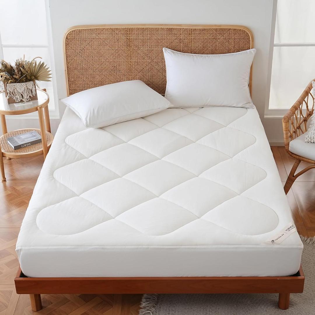 YOUR MOON Natural Wool Mattress Pad Queen 500GSM Australian Wool Mattress Topper, Quilted Fitted Mattress Bed Cover with 16" Deep Pocket, Hypoallergenic Cotton Cover (White)
