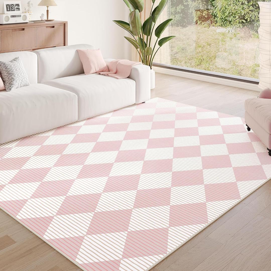 3x5 Washable Checkered Rugs for Bedroom, Pink and White Area Rug for Living Room, Geometric Diamond Indoor Rug for Kids, Girls, Boys Playroom, Dorm, Nursery, Dining Room, Kitchen, Non Slip
