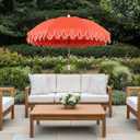 JONATHAN Y Horizon 6.5 ft. Beach Umbrella, Coastal Coral Red with Fringe, Boho UV 50+ Sun Shade with Scalloped Edge, Push-Button Tilt and Carry Bag, Dark Brown Wood Finish Pole UMB1004F, 78 inches diameter, 84 inches height