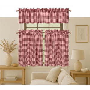 Native Fab 3 Pieces Window Curtain Tiers 26"x36" and Valance 54"x18" Set - Rod Pocket - Semi Sheer - Farmhouse Curtain for Kitchen, Cafe, Bathroom, Living Room - Red/White