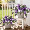 Ammyoo 4 Pcs Artificial Fake Petunia Flowers for Outdoor Decoration, Faux Silk Petunias Flower for Spring UV Resistant No Fade Realistic Plants for Garden Balcony Yard Porch Indoor Decor(Purple White)
