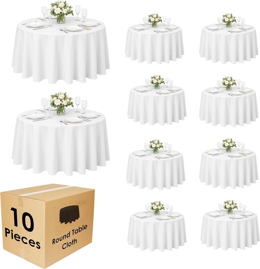 Craft And Party 10 Pack 90 Inch White Round Tablecloth, Polyester Fabric Washable Table Cloth for Home, Party, Wedding or Restaurant Use