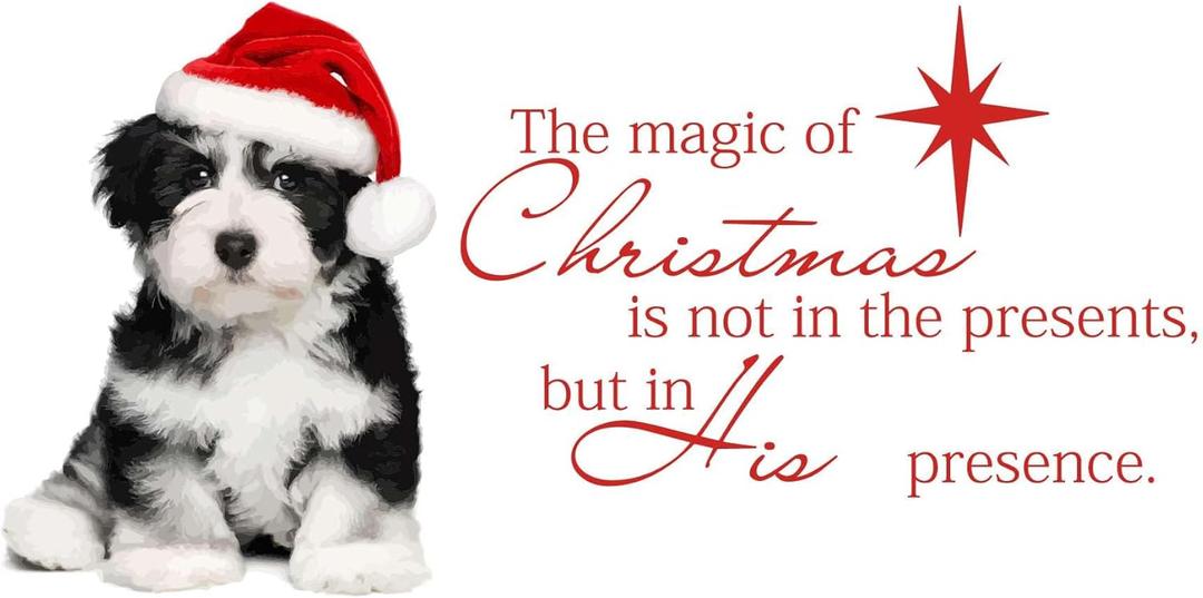 Family The Magic of Christmas Beautiful Quote Wall Decal Decoration Cute Puppy Dog in mini Santa Hat Christmas Costume Holiday Gift Easily Removable - Size: 20 in(W) x 16 in(H)