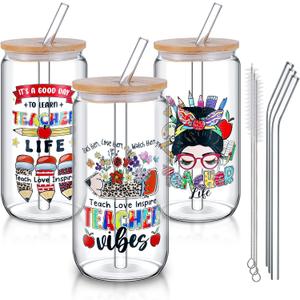 3 Pcs Teacher Gifts for Her Teacher Glass Cups with Lids and Straws 16 oz Clear Drinking Glasses Tumbler Iced Coffee Glass Cups for Teachers Appreciation Gift