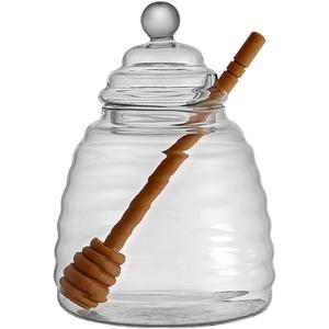 16.9 Oz Honey Pot with Dipper, Glass Honey Jar and Dipper Set, Honey Dispenser, Beehive Honey Pot for Store Honey and Syrup(wooden stick)