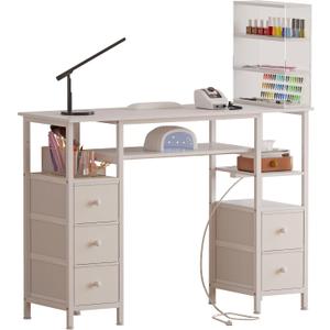 Manicure Table Nail Desk for Nail tech with Drawers and Power Outlet,Nail Beauty Table with Storage and Open Shelves for Home,Workshop,Makeup Beauty Salon Workstation (Acrylic), 47.24 x 15.75 x 47.24 inches