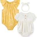 Baby Girl Bodysuit and Headband Outfit Cotton Ruffle Sleeveless Baby Clothes (0-3 Months, Beige+yellow Plant)
